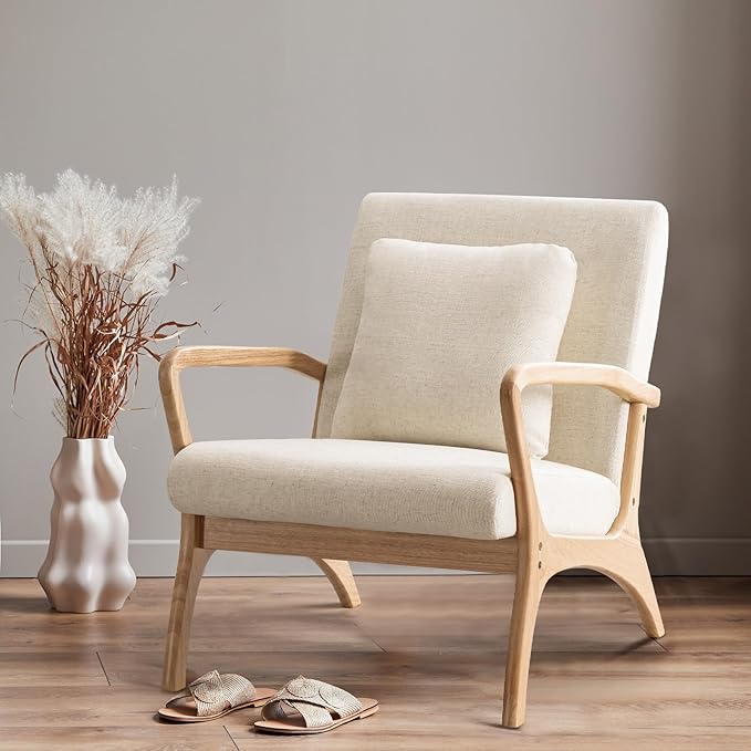 ELUCHANG Accent Chair Mid-Century Modern Chair with Lumbar Pillow, Upholstered Armchair Premium Linen Fabric Comfy Reading Chair, Lounge Side Chair for Living Room Bedroom Sunroom Apartment, Set of 2