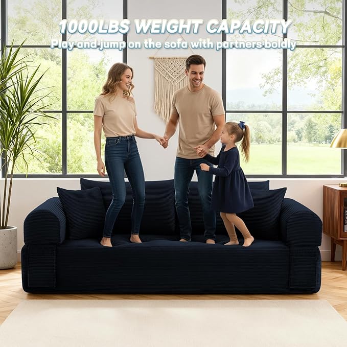 GJQ 83" 3 Seater Sofa Bed,Corduroy Sofa in a Box with 4 Pillows & Storage Pocket,Boneless Couch for Living Room,Convertible Couch Bed,No Assembly Required,Navy Blue