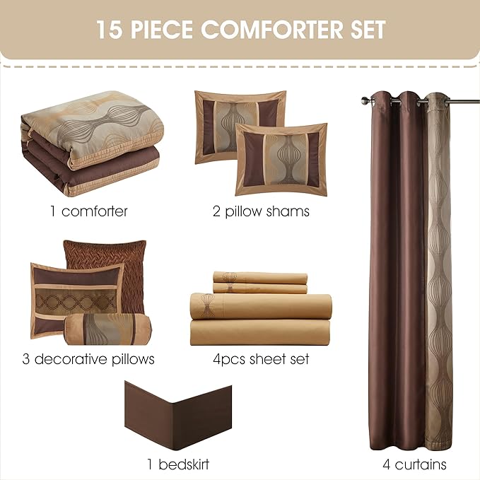 Grand Avenue Elegant Brown Comforter Set Califirnia King Size, Striped,15 Piece Room-in-A-Bag, Jacquard Bedding Set, All Season, Matching Decorative Pillows, Pillow Sham, Curtains