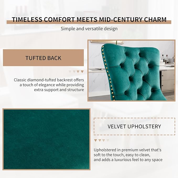 YeahFurn Mid Century Modern Dining Chairs Set of 8, Green Velvet Upholstered Tufted Back, Kitchen & Dining Room Chairs, Gold Metal Legs, Nailhead Trim, Sillas para Comedor (Green, 8 Pcs)