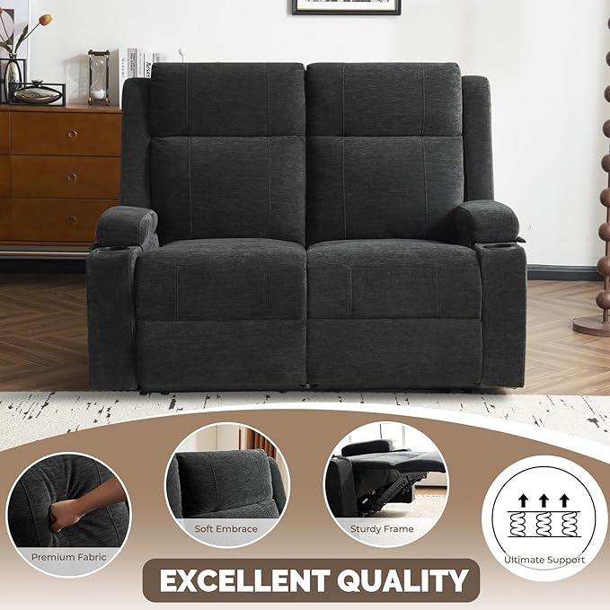 PALLOME Manual Reclining Loveseat Sofa, 2-Seater Recliner Couch with Cup Holders, Fabric Reclining Sofa for Living Room/RV (Black)