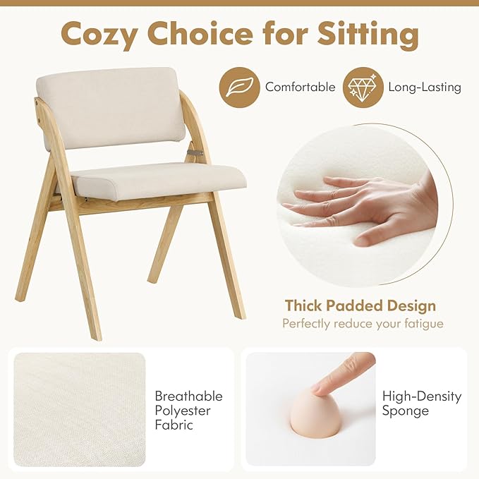 GOFLAME Folding Dining Chairs Set of 4, Upholstered Kitchen Chairs with Padded Seat & Backrest, Modern Side Chairs with Rubber Wood Legs for Home Office Events, Wedding, No Assembly Needed, Natural
