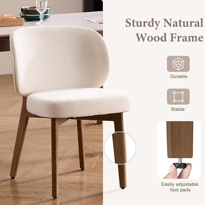 YOUNUOKE Boucle Dining Chairs Set of 6, Mid Century Modern Chenille Dining Room Chair with Soild Wood Legs, Upholstered Widen Backrest Comfy Armless Side Kitchen Chairs, Beige