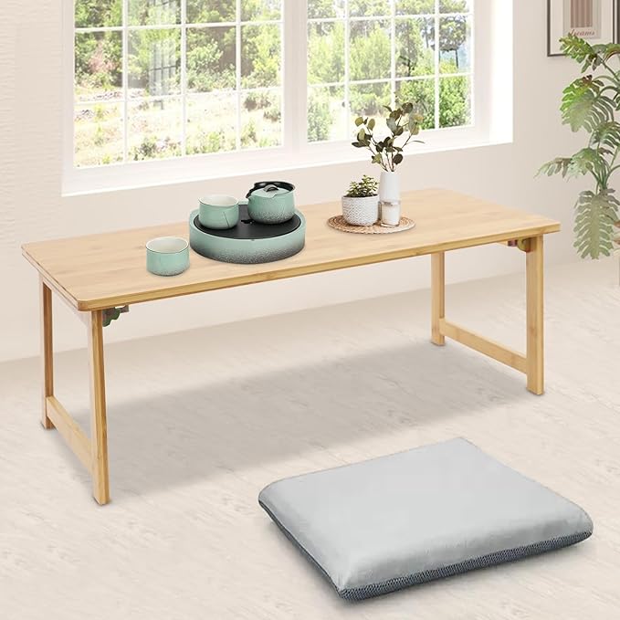 Eapmic Japanese Floor Table, Foldable Coffee Table, Low Sitting Dining Table, Tatami Tea Desk, Portable No Assembly Floor Desk for Living Room Bedroom Apartment Office Study (Burlywood)