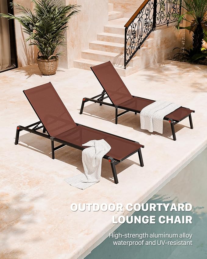 Aluminum Chaise Foldable Patio Lounge Chair Outdoor, Metal Deck Lounger Adjustable 5-Position Recliner Pool Chase Breathable Full Flat Outside Sun Tanning Chairs for Beach/Poolside/Lawn(Brown, 1 Pack)