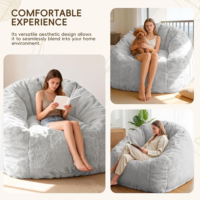 Giant Bean Bag Chair with Armrests 47 Inch Large Plush Bean Bag Couch for Adults and Kids Fluffy Faux Fur Shell-Shaped Oversized Comfy Stuffed Sofa with Filler for Living Room, Bedroom, Gray