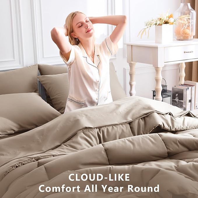 CozyLux Queen Comforter Set Khaki, 7 Pieces Bed in a Bag, Khaki Comforter Queen Size, All Season Bedding Sets with Stitch Quilted Comforter, Flat Sheet, Fitted Sheet, Pillowcases