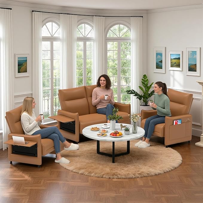 3-Piece Living Room Sofa Set, Faux Leather Loveseat & Accent Chairs Set of 2 with Hidden Foldable Tray & Side Pocket, Front Contour Arm Design, Upholstered Sofa Set for Office, Brown
