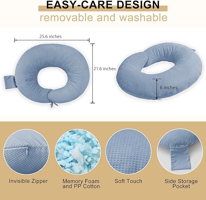 DWCN Reading Pillow for Gaming, Gaming Pillow for Lap Support with Side Pocket & Back Strap for Bed, Sofa, Floor - Arm Rest Pillow for Playing, Working, Sitting, Crocheting (Blue)