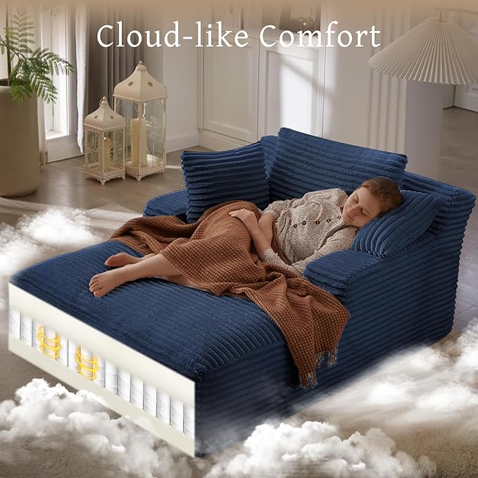 VEPXXP 66" Chaise Lounge Chair Indoor, Oversized Boneless Couch Comfy Upholstered Sleeper Sofa Bed with 3 Pillows, Corduroy Cloud Reading Chair for Living Room No Assembly Required, Blue