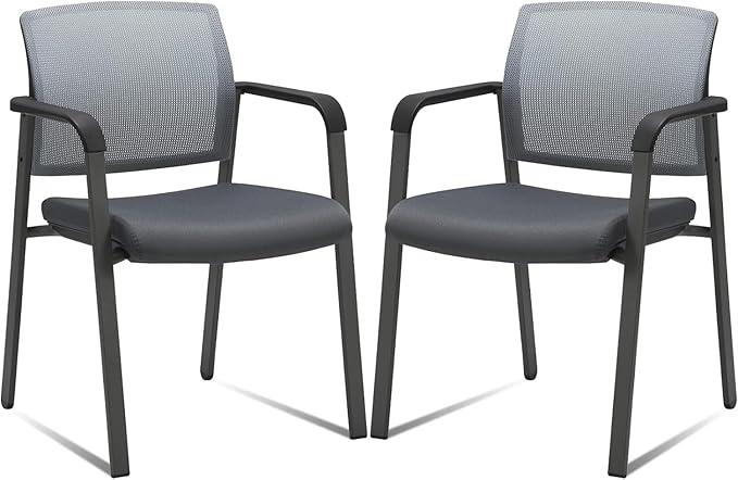 CLATINA Mesh Back Stacking Arm Chairs, Office Reception Guest Chair, Desk Chair No Wheels Ergonomic Lumbar Support and Thickened Seat Cushion for Waiting Conference Room Grey (2 Pack)