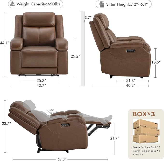 Watson & Whitely Oversized Genuine Leather Power Recliner Chairs for Big and Tall, Wall Hugger Recliner with Power Headrest & Charging Ports, Extra Large Reclining Chair for Living Room, Cafe