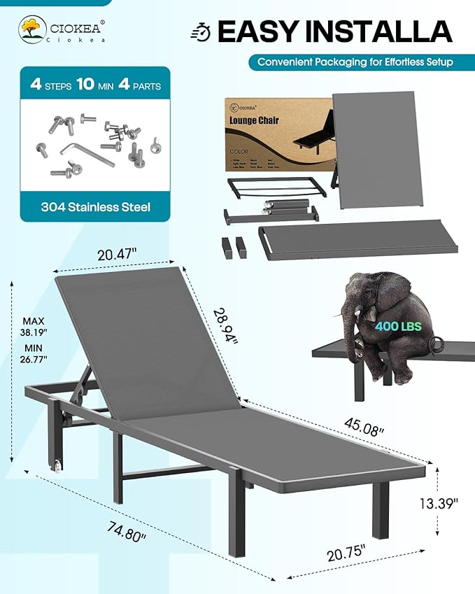 Ciokea Aluminum Chaise Lounge Chair Outdoor with Wheels, Patio Lounge Chair with Adjustable 5-Position Recliner and Full Flat Tanning Chair for Patio, Beach, Pool, Grey