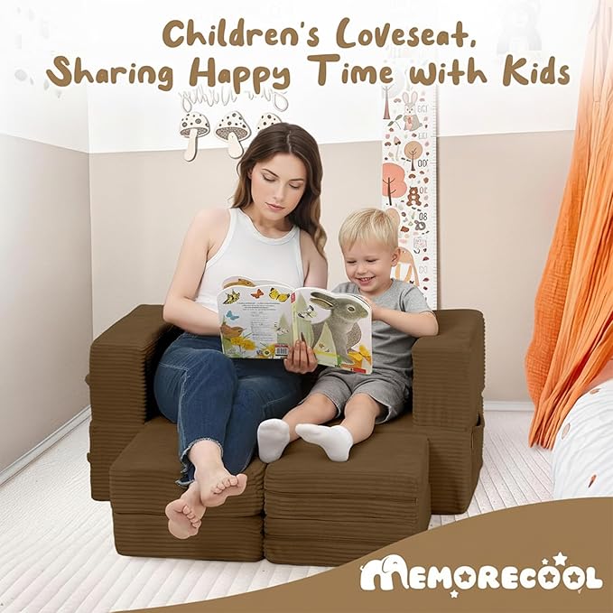 MeMoreCool Modular Kids Couch, Corduroy Play Toddler Couch for Bedroom Playroom Furniture, Convertible Foam Kids Sofa Bed, Fold Out Baby Sofa for Girl Boy, Brown