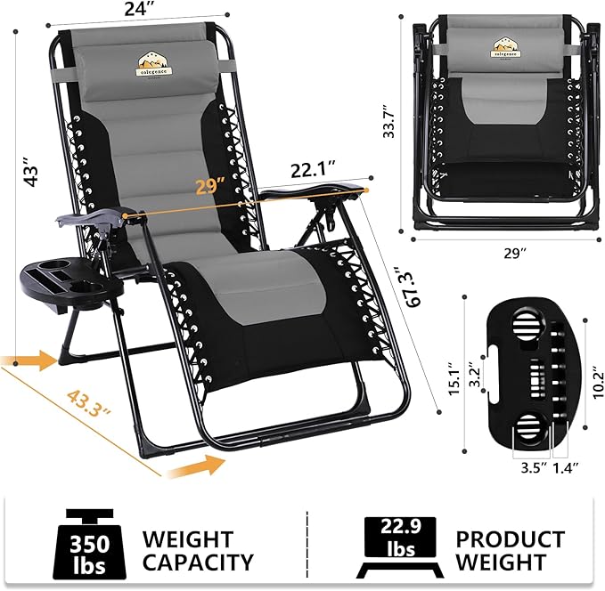 Colegence Oversized Padded Zero Gravity Lounge Chair Set of 2, Foldable Patio Anti Gravity Reclining Chairs Folding Lawn Recliner with Cup Holder for Yard, Camping, Outdoor, Support 350 LBS, Black