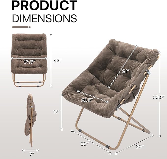 Athena Collection Saucer Chair for Adult, Square Comfy Cozy Chair Folding Chair Faux Fur Metal Frame Foldable Reading Chair Accent Chair for Bed Room Living Room, Brown