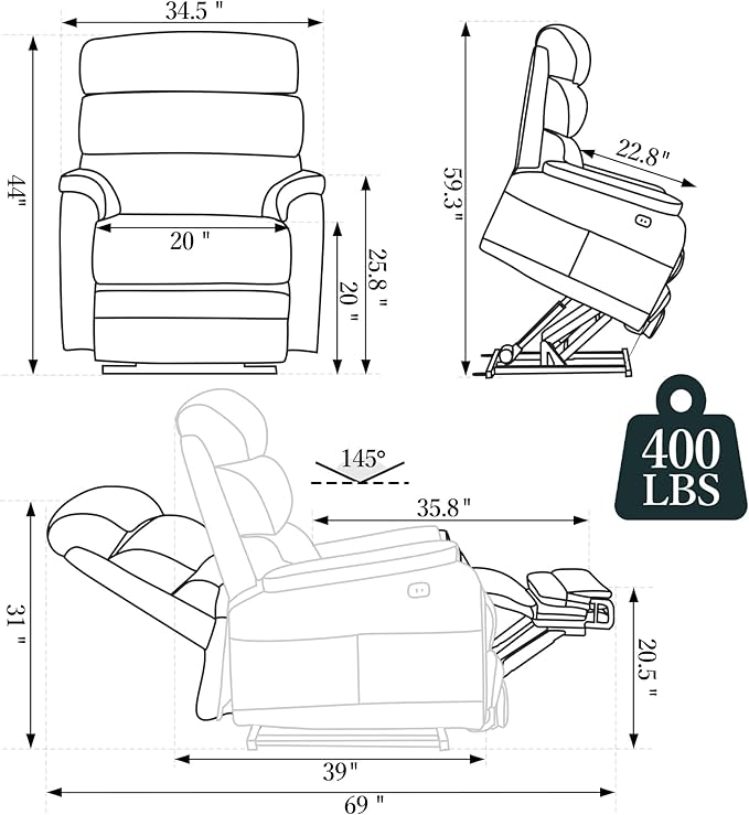 Power Lift Recliner Chair, Big Tall Man Lay Flat Ergonomic Lounge with Extended Footrest for Elderly People, Single Sofa Heat & Massage. Home Theater Seat, USB&Type-C Port (PU Leather, Blue)
