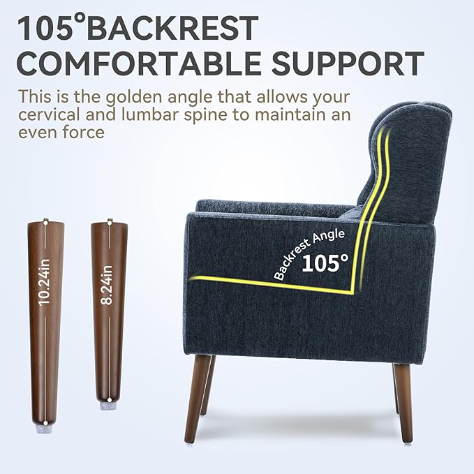 QKFF Modern Accent Chair, Upholstered Armchair with Pillow, Fabric Single Sofa Chair with Lounge Seat and Wood Legs Accent Chair for Living Room Bedroom Small Spaces (Dark Blue)