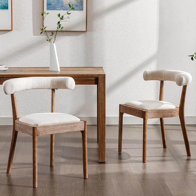 Kmax Dining Room Chairs Mid-Century Modern Fabric Kitchen Chairs with Natural Walnut Finished Frame, Linen Curved Back, 2-Pcs Set, Beige