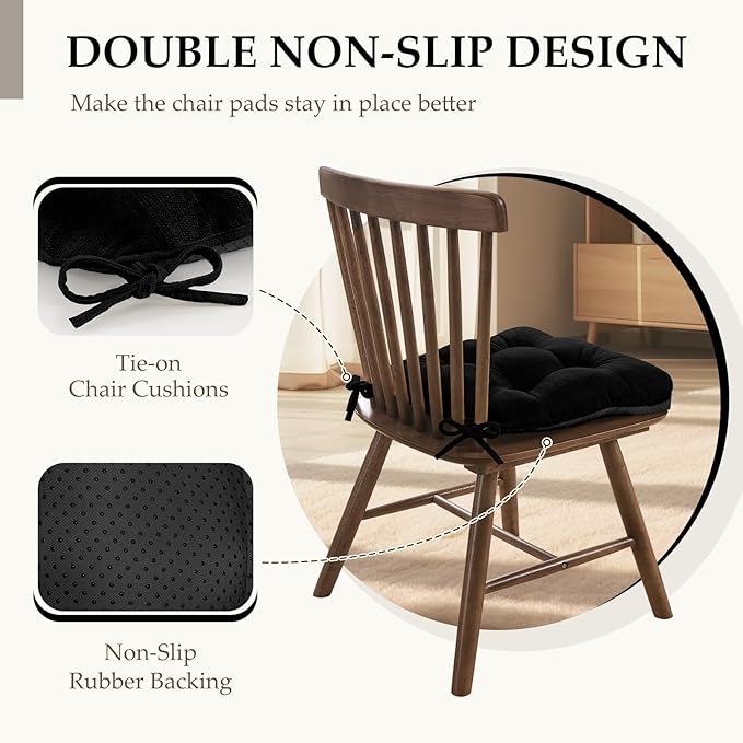 HARBOREST Chair Cushions for Dining Chairs Set of 2 - Chenille Tufted Kitchen Chair Cushions with Ties and Non-Slip Bottom, Foam Chair Pads for Dining Chairs, 17" x 17", Black