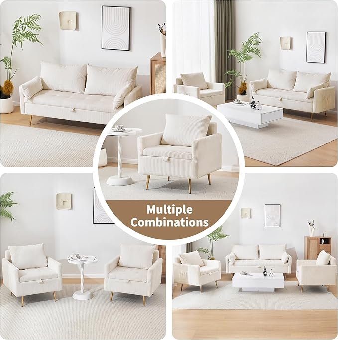 Furnimart 3-Seater Storage Sofa and Couch, Corduroy Loveseat with Accent Single Chair, Small Living Room Furniture Set for Apartment, Tiny Homes and Lofts, 2PC-Beige