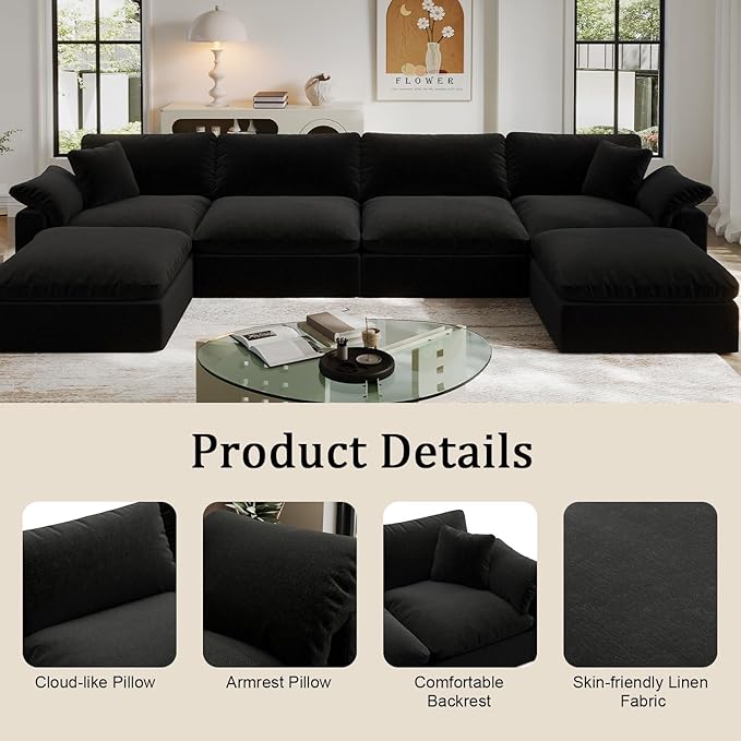 Forest aesthetics Modular Sectional Sofa, 4 Seater Cloud Couch,Down Filled Comfy Cloud Modern Sofa,Black Linen Oversized Couch Cushion Covers Removable for Living Room