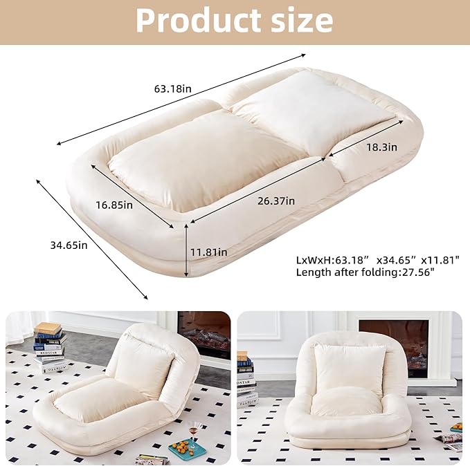 Chic Beige Folding Sofa Chair - 5 Adjustable Positions! Experience The Plush Comfort of This Floor Lounge Chair for Gaming, Meditation, and Relaxation! Get Yours Today!