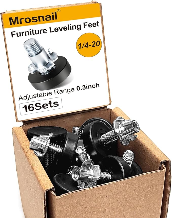 Mrosnail 16Pcs Adjustable Furniture Leveling Feet with T-Nuts, 1/4"-20 UNC Thread Screw-in Furniture Levelers for Chairs, Nightstands, Small Cabinets