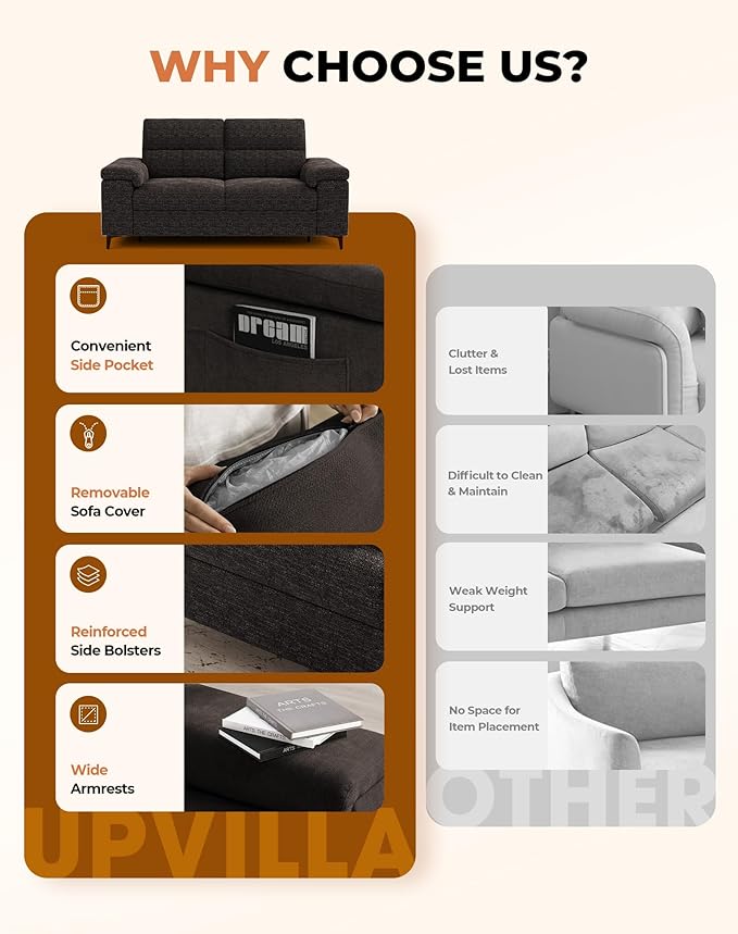 Upvilla 71.25" Modern Sofa Couch for Living Room, Deep Seat Sofas with 8” Cushion, Comfy 2-Seater Chenille Loveseat with Convertible Armrest, Removable Sofa Cover, High Leg (Dark Gray)
