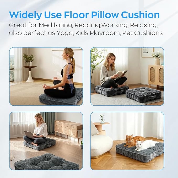 Meditation Floor Pillow Large Square Floor Cushions for Adults 22x22+4” Thicken Floor Sitting Memory Foam Pillows Seating Tufted Corduroy Seat Cushions Machine Washable for Yoga Living Room