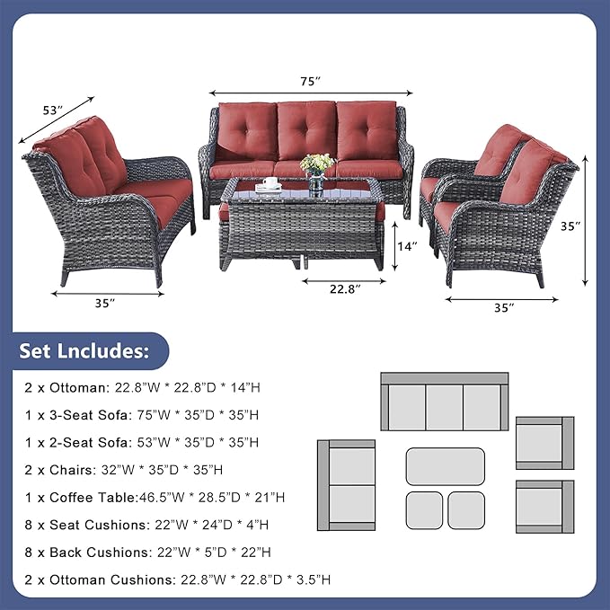 Rilyson Outdoor Patio Furniture Sofa Set - 7 PC Rattan Wicker Patio Sectional Conversation Sets with Sofa,Loveseat,Coffee Table,Armrest Chairs and Ottomans for Porch Deck Garden(Mixed Grey/Red)