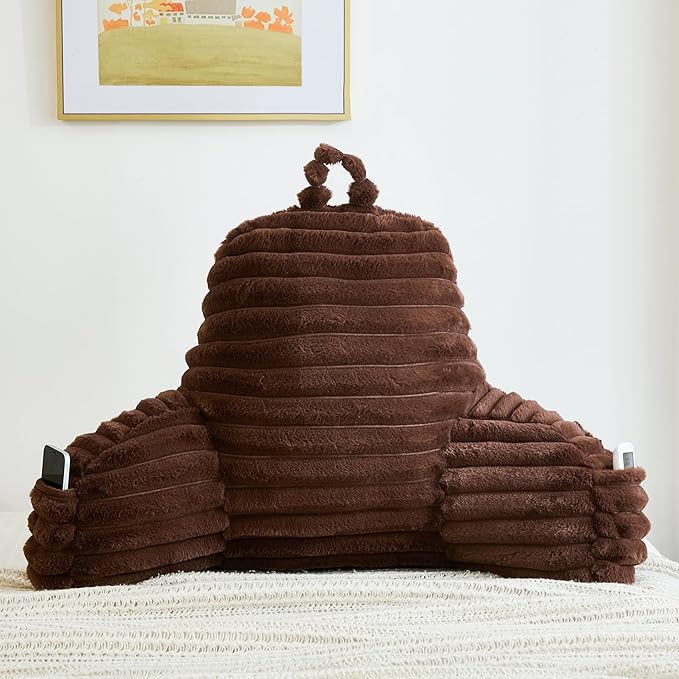 WERDIM Reading Pillow for Sitting in Bed, Faux Fur Back Pillow for Rest, Bed Chair Pillow with Arms and Pockets(XLarge, Coffee)