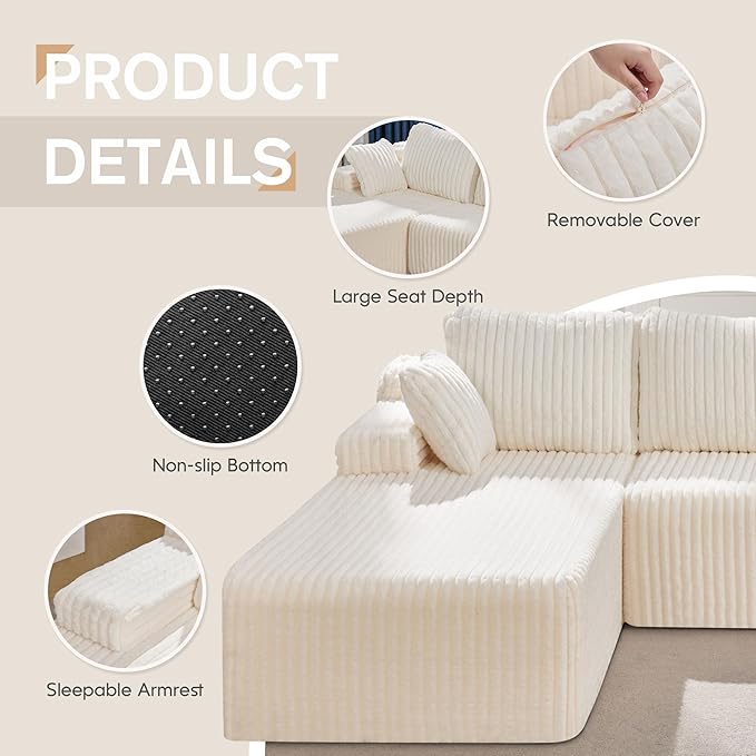 Modular Sectional Sofa Couches L-Shape Couch 3 Seat Modular Sofa Memory Foam Sectional Couches for Living Room, Cloud Couch with Oversized Chaise (White Stripe, 108" Left Facing Chaise)