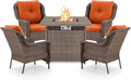 ACTREST Outdoor Patio Chairs with Fire Pit Table 5 Piece Set - High Back Brown Wicker Rattan Lawn Chair with Thick Cushion for Porch Apartment Deck Yard Poolside Garden - Orange