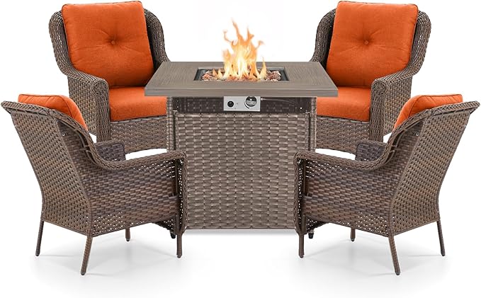 ACTREST Outdoor Patio Chairs with Fire Pit Table 5 Piece Set - High Back Brown Wicker Rattan Lawn Chair with Thick Cushion for Porch Apartment Deck Yard Poolside Garden - Orange