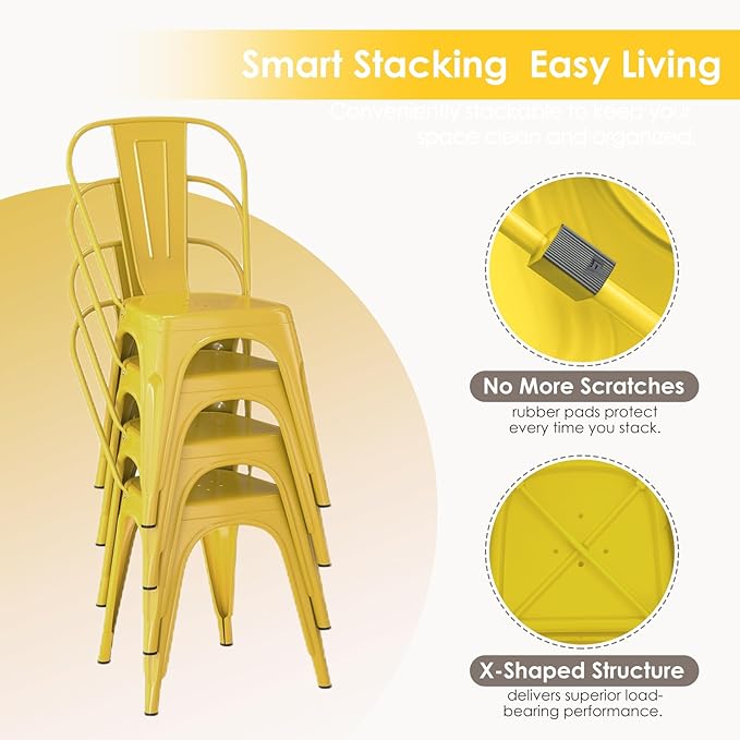 Metal Dining Chairs Set of 2,Stackable Tolix Chair Indoor/Outdoor for Kitchen,Cafe,Restaurant,Bistro & Patio Multiple Colors(Yellow)