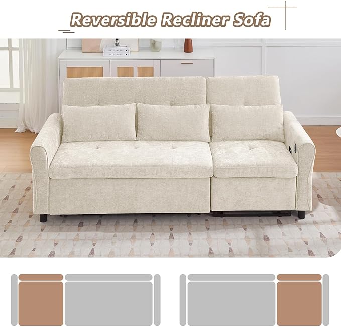 Gagawin 2 in 1 Convertible Sofa Bed with Reversible Recliner, Chenille 3-Seater Couch Sleeper with Pull Out Bed & Adjustable Backrest & Dual USB Charging Ports for Living Room, Beige