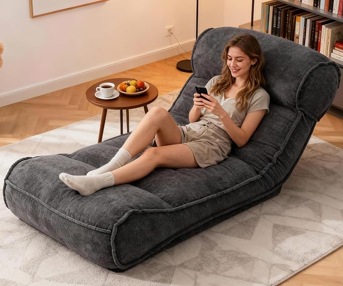Lazy Floor Bed 83" – Extra Comfy Sleeper Chaise Lounge Chair Indoor, Adjustable Recliner Floor Lounger, Plush Futon Chair Bed for Yoga, Gaming, Meditation & Reading Nook (Recliner, Black)