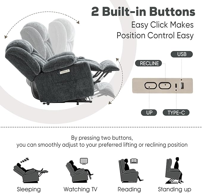 ABCASA Large Power Lift Chairs Recliners for Elderly with Heat ＆ Massage, Upgraded Chenille Recliners, USB-A ＆ C, Cup Holder, Side Pocket, Grey Blue