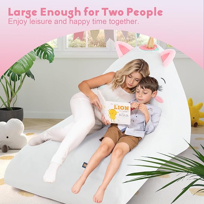 COMAX Unicorn Bean Bag Chairs for Kids 8-12, Large Kid Beanbag Chair with Filler, Big Toddler Lounge Bean Chair, Children Lazy Floor Lounger for Girls Boys, White
