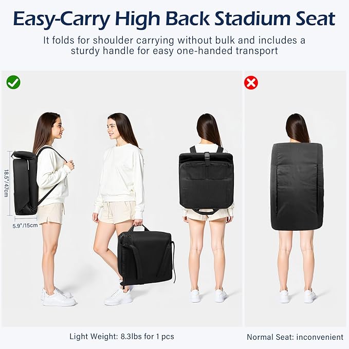 TOPSKY Stadium Seat with Back Support, Comfortable Padded Cushion, Folding Bleacher Seat with Metal Hook, Shoulder Strap, Carry Handle, Cup Holder (Black, 1 Pack)
