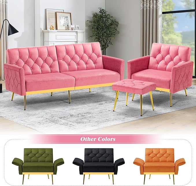 ACMEASE Velvet Accent Chair w/Adjustable Armrests and Backrests, Tufted Single Sofa with Ottoman, Upholstered Reading Chiar for Living Room, Apartment, Bedroom, Pink