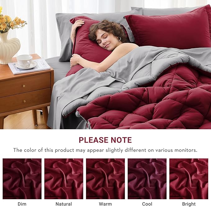 MUXHOMO 7 Pieces King Comforter Set, Reversible Bed in a Bag King Size, All Season Bedding Set with Comforter, Flat Sheet, Fitted Sheet, Pillowcases & Shams, Burgundy & Grey
