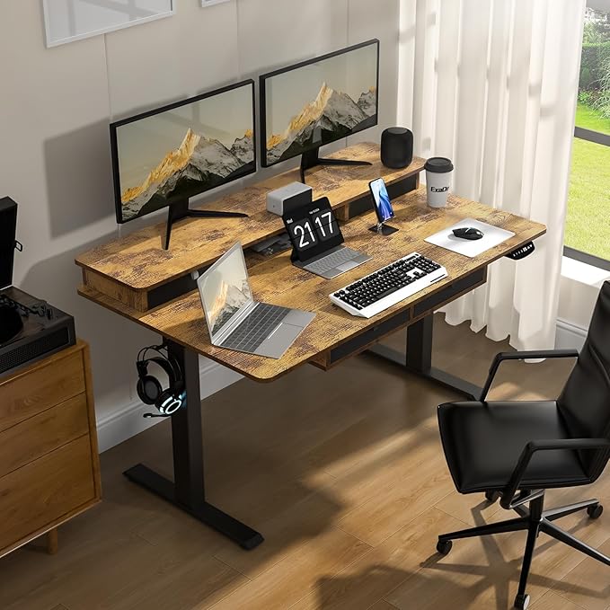 Electric Standing Desk, 63 * 30 Inches Adjustable Height with 4 Drawers, Double Storage Shelves Stand Up Desk, Home Office Workstation Sit Stand up Desk (Rustic Brown)