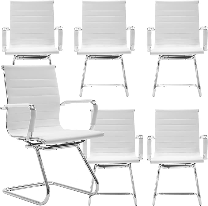 DM Furniture White Office Desk Chair No Wheels Set of 6 PU Leather Computer Chairs Mid Back Guest Chairs for School Reception Conference Waiting Room, White