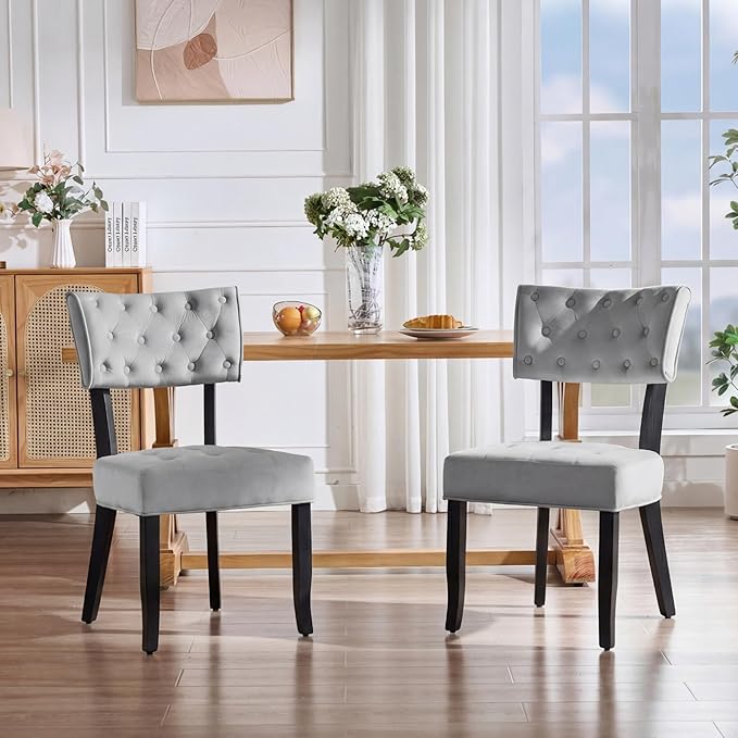 UVV Upholstered Dining Chairs Set of 6, Mid Century Modern Tufted Kitchen Chairs Dining Room Chairs, Velvet Dinner Chair with Wood Legs for Dining Room Kitchen, Light Grey-Black Legs