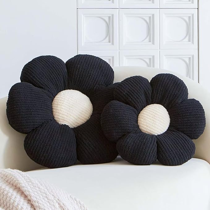 VBGYA Black Flower Decorative Throw Pillows, Cute Daisy Shaped Plush Pillow, Soft 14.9" Floor Seat Cushion