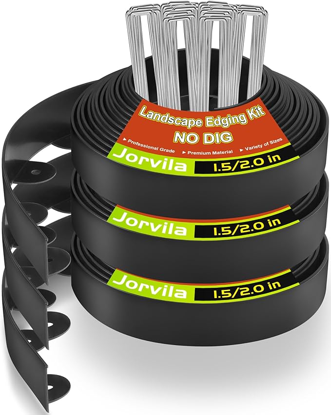 Jorvila Landscape Edging, 2.0" x 100' Plastic Garden Edging with 120 Pcs Metal Spikes, Flexible Garden Border for Lawn, Landscaping, Flower Beds