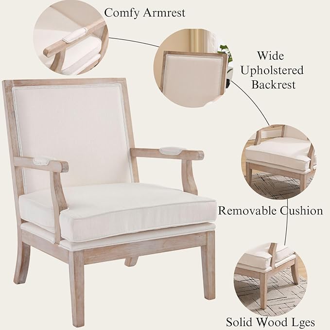 DM Furniture Mid Century Modern Accent Chair Upholstered Living Room Chairs with Armrest Linen Fabric Comfy Lounge Armchair Retro Solid Wood Reading Chair for Bedroom, Guest Room, Balcony, Beige