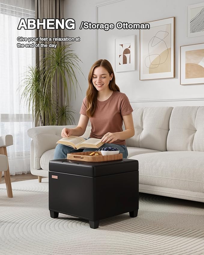 ABHENG 17.7 inches Synthetic Leather turfed Ottomans Cube with Storage, Metal-Framed Square Storage Ottoman Foot Rest Stool Holds 770 LB for Dorm Living Room Bedroom Black UASND63B